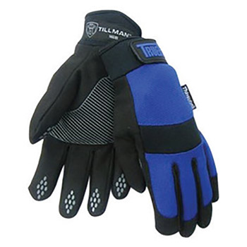 Tillman Medium Black And Blue TrueFit Full Finger Synthetic Leather Standard Mechanics Gloves With Neoprene Cuff, Nylon Spandex Back, Reinforced Palm And Fingertips