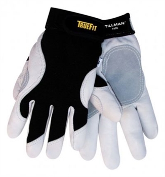 Tillman Black And White TrueFit Full Finger Top Grain Goatskin And Spandex Premium Mechanics Gloves With Elastic Cuff, Double Leather Palm, Reinforced Thumb And Smooth Surface Fingers
