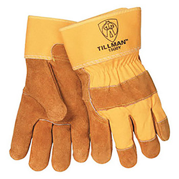 Tillman Large Standard Grade Shoulder Split Cowhide Leather Palm Glove With 2 1-2" Rubberized Safety Cuff, Yellow Canvas Back, Knuckle Strap And Lock Stitching