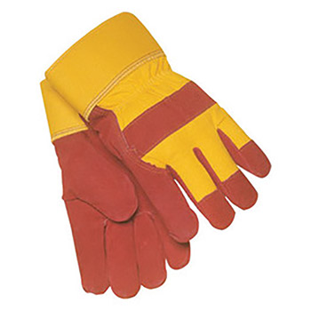 Tillman TIL1571 Large Red Select Shoulder Cowhide ColdBlock Cotton-Polyester Lined Gunn Cut Cold Weather Gloves With Safety Cuff, Yellow Canvas Back And Cowhide Knuckle Strap