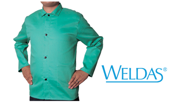 Welda 30" Green Welding Jacket, 12oz. Cotton FR, Washable, Five Snap Closure, Inside Pocket, Under-Arm Sport Cut and Hemmed Collars, Per Jacket